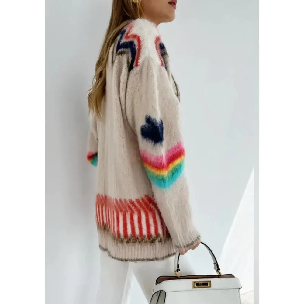 Vita Grace Carousel Oversized Fairisle Cardigan Mohair Wool Blend One Size